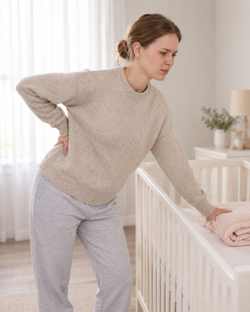 Maman dans une chambre de bébé, une main posée sur le bas du dos pour illustrer l’inconfort.