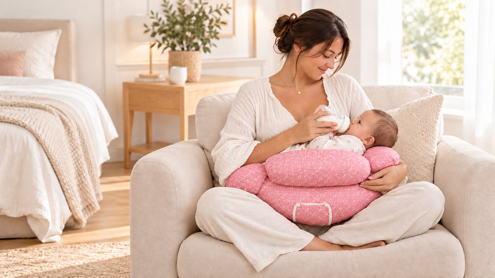 Maman assise dans son fauteuil avec bébé et le coussin Nolia Rose poudré autour de sa taille