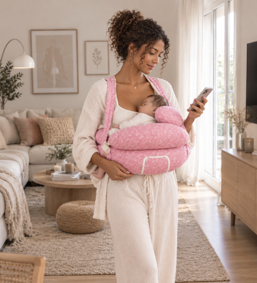 Maman aux cheveux bouclés portant le coussin Nolia rose avec son bébé dans son salon